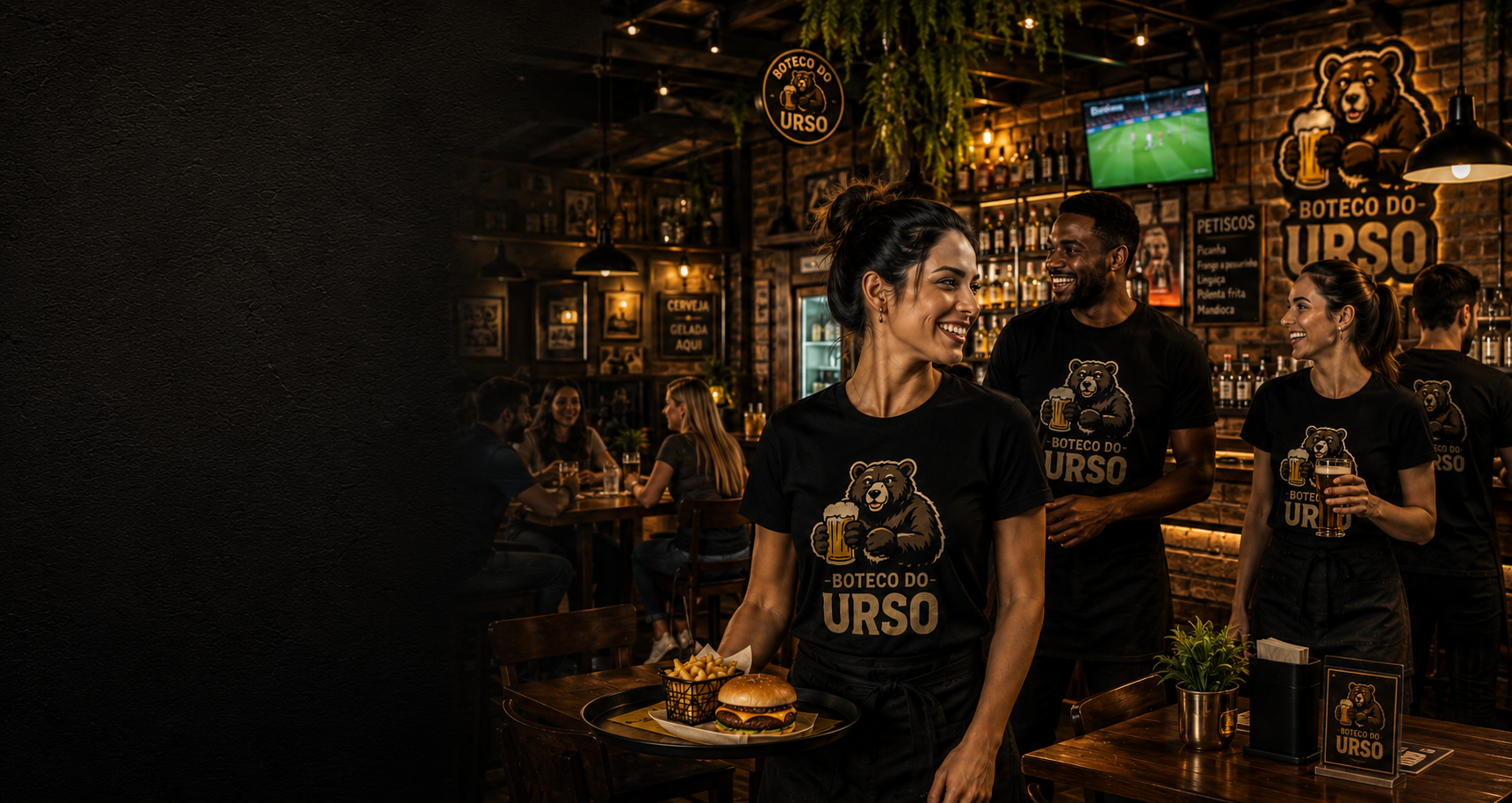 Equipe de bar usando camisetas personalizadas em ambiente comercial