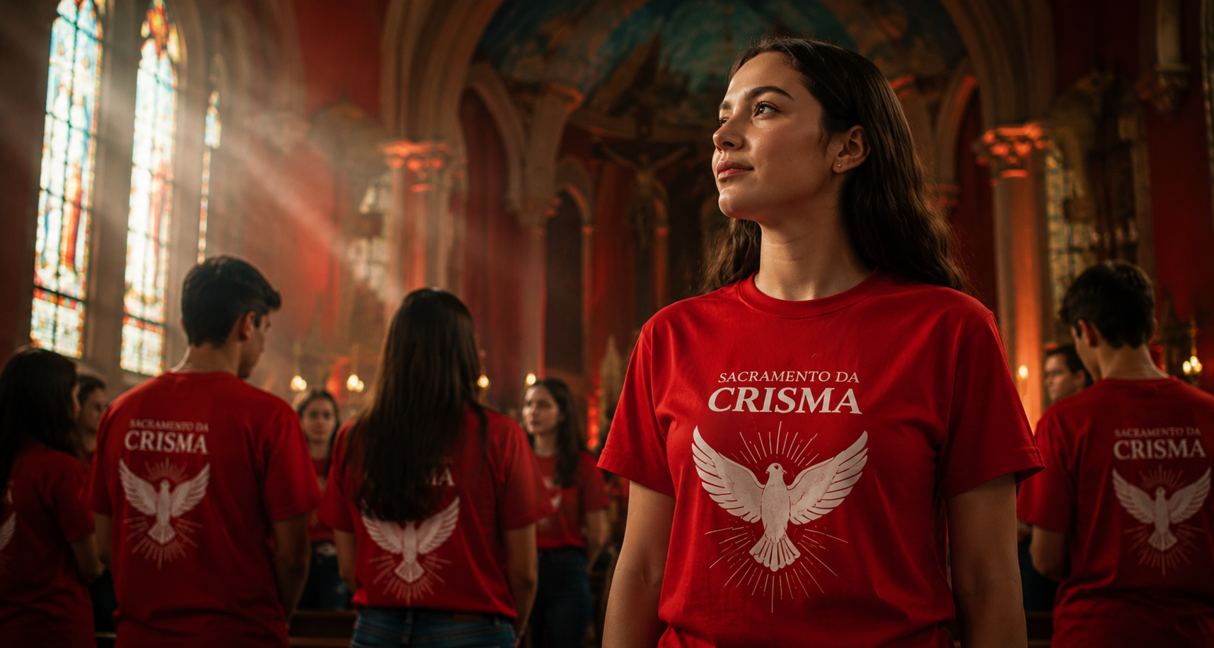 Jovens usando camisetas personalizadas para crisma em igreja